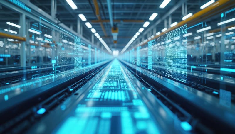 Futuristic smart factory with Industry 4.0 technology and digital overlays